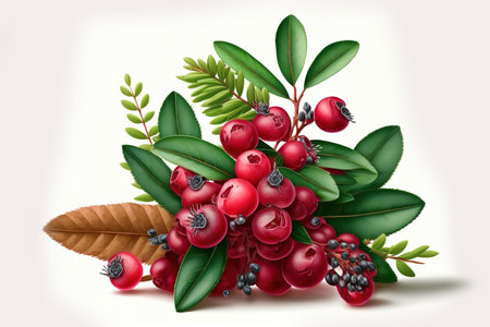 Cranberry. Stack of berries and leaves on a white background, isolated. whole field of viewの素材