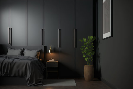 Corner view on dark bedroom interior with bed. Empty grey wall and wardrobe, bedside. Hardwood floor. Concept of minimalist design. . High quality 3d illustration. 3D Illustrationの素材