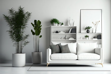 Cozy minimal and contemporary living room interior design with comfortable couch, coffee table, bookcase, indoor houseplants, home decor and frames mockup on white wall. , 3d illustrationの素材