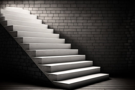 Conceptual white stone concrete stair steps with a brick wall background and wood floor represent success, aspiration, ascent, business, stairway, rise, and future achievementの素材