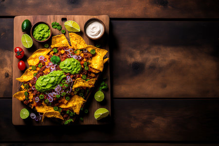 Corn chip nachos with guacamole and fried minced pork on a wooden backgroundの素材