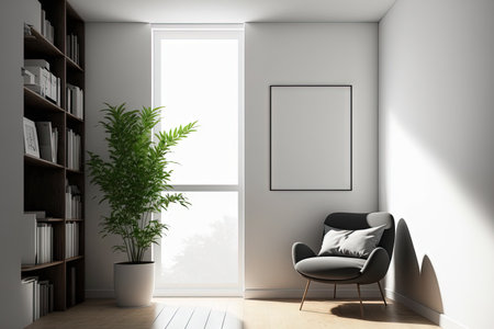 Corner view on bright living room interior with empty white poster, panoramic window, partition, armchair, closet, books, white wall, wooden floor. Concept of minimalist design. Mock upの素材