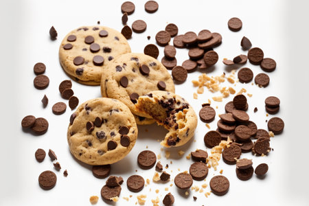 Cookies with chocolate chips on a white backdropの素材