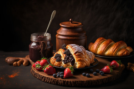 Croissants freshly baked with fruit, jam, and chocolate against a dark wooden backgroundの素材