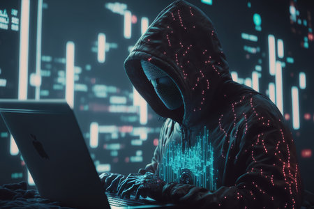 close up of hacker using laptop with forex candlestick chart hacking malware data and trade notion on abstract grid backgroundの素材