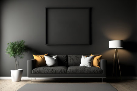 Create a mockup of a wall mounted TV in a dim space with a black wallの素材