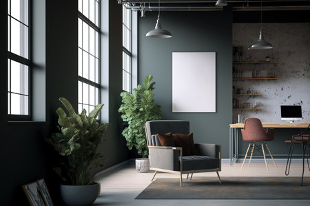 Coworking space in a modern loft design with a blank gray wall. Concept for a presentationの素材