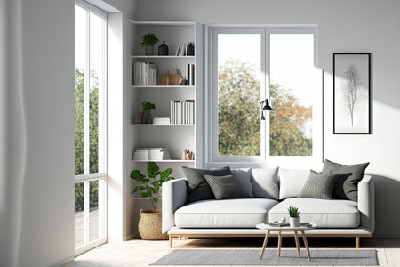 Corner view on bright living room interior with empty white wall, sofa, coffee table with crockery, book, panoramic window, closet, wooden hardwood floor. Concept of minimalist designの素材