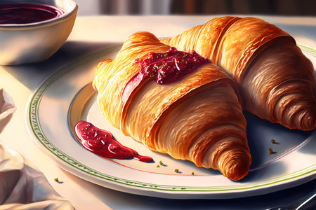 Croissants with strawberry jam inside, close up, on a white dishの素材