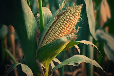 Corn on a stalk in a cornfield, close upの素材