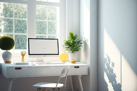Cozy white sunny work corner 3D illustration, mockupの素材