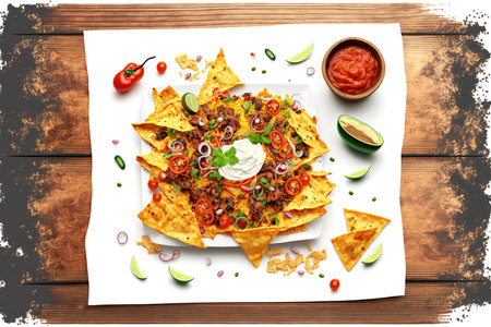 Corn tortilla chips served with meat and a fiery, sour salsa are Mexican nachos. Ground meat nachos on a wooden backdrop and white spaceの素材