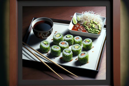 Crab, cucumber, and avocado sushi maki rolls from California are served on a tray with chopsticks, soy sauce, wasabi, and ginger. Traditional seafood from Japan is offered for lunch in a chic, upscaleの素材
