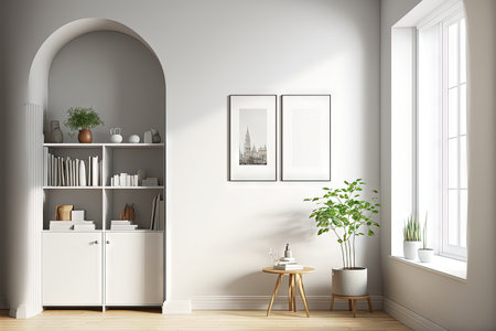 Corner view on bright living room interior with two empty white posters, panoramic window, closet with crockery and books, white wall, arches, hardwood floor. Minimalist design. Mock upの素材