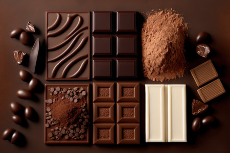 composition of bars and pieces of various milk and dark chocolate, along with grated cocoa, in close up top view on a brown backgroundの素材