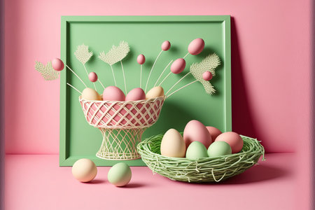 composition for Easter including the customary decoration of bright eggs on sticks on a backdrop of gentle pink pastels and a green wicker placematの素材