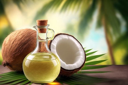 coconut and coconut oil against a background of coconut treesの素材