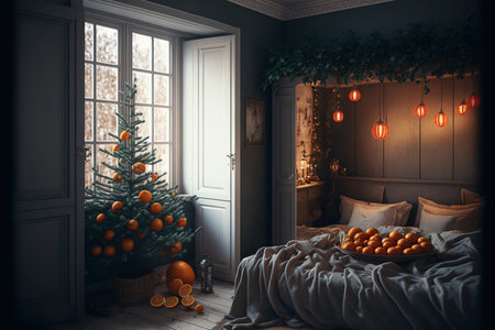 cozy room with a Scandinavian Christmas theme. Live fir trees adorned with dried oranges used as natural ornamentsの素材