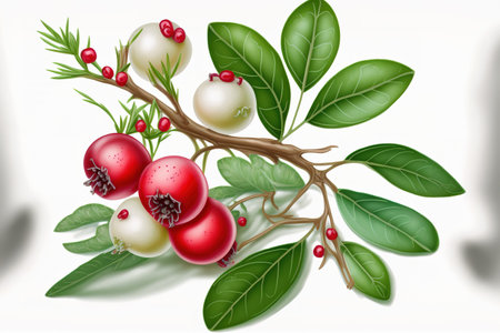 Cranberry on its own. White cranberries with green leaves. Cranberry on its own. White with cranberries. a branch of cranberriesの素材