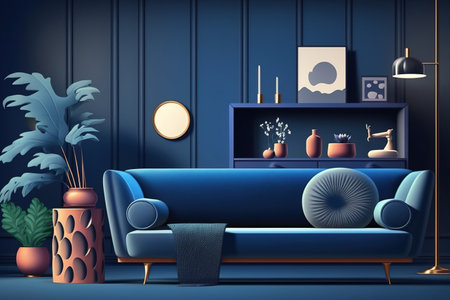 Creative compositon of modern living room interior design with glamour blue sofa, metal shelf, coffee table and elegant home accessories. Dark blue wall. Home staging. Template. Copy spaceの素材