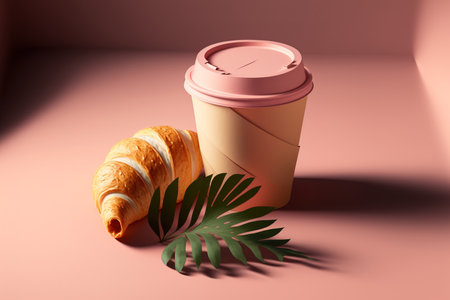 Croissant and coffee in a craft paper cup on a pink background with a shadow of vegetation. urban setting with a sunny day and harsh shadows. Breakfast on the run, takeout food ideaの素材