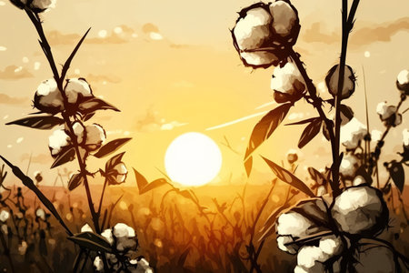 Cotton field background ready for harvest under a golden sunset macro close ups of plantsの素材