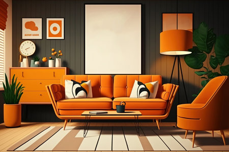 Creative composition of stylish living room interior with mock up poster frame, orange sofa, beige commode, coffee table and stylish personal accessories. Artistic space. Templateの素材