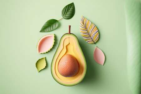 Creative food concept featuring an avocado on a pastel backgroundの素材