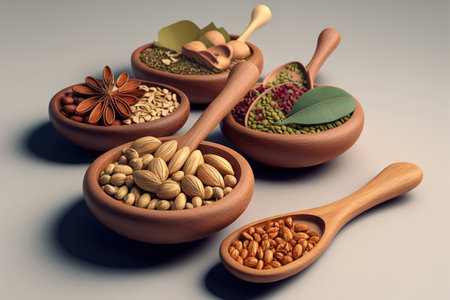 clay dishes with mixed nuts and a wooden spoon. Nuts like almonds, walnuts, cashews, and pistachiosの素材