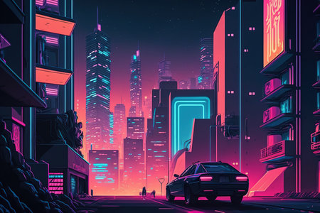 city lights at night. futuristic urban neon. city in the future with a cyberpunk aesthetic. Photorealistic illustration. buildings from the future with enormous luminous billboardsの素材