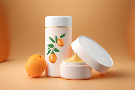 Cosmetic container made of white plastic with a picture of a fresh apricot on a soft orange background. Brightening cream, body lotion, and facial foam branding mock up for natural cosmetic beauty proの素材