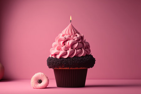 composition with a pink background and a birthday cupcakeの素材