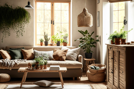 Country living room with beige toned eco interior design, a sofa and carpet made of sustainable materials, potted plants, a desk, a window, and hanging lamps. Concept for sustainable, recyclable archiの素材