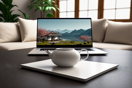 close up image, Portable laptop white screen mockup is on a round table with a cup of coffee and decor over blurred backgrounds of Japanese zen living room style. , 3d illustrationの素材