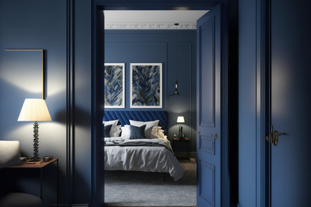 contemporary blue decor with a peek into the bedroom through the doorwayの素材