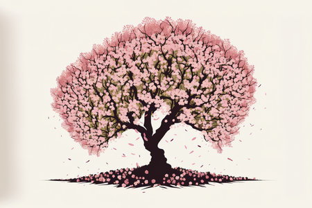 Creative layout of a cherry tree in bloom in spring. Pink sakura flowers in a springtime setting. Nature is beautiful. design component. frontal and flat viewsの素材