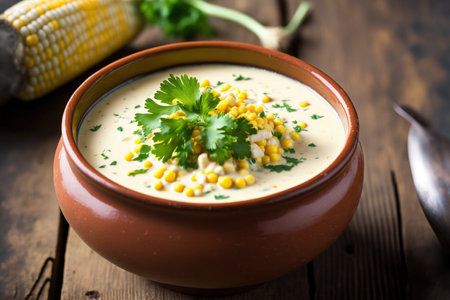 closeup of delicious creamy corn soup being served on a wooden tableの素材