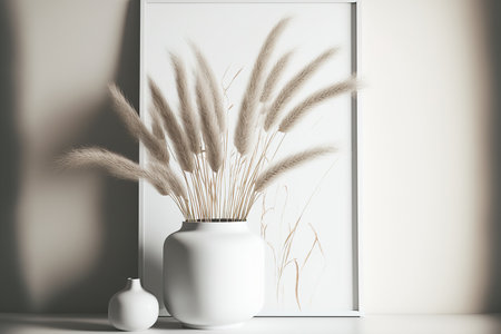 close up of an interior poster mock up with pampas grass in a white vase against a white background,の素材