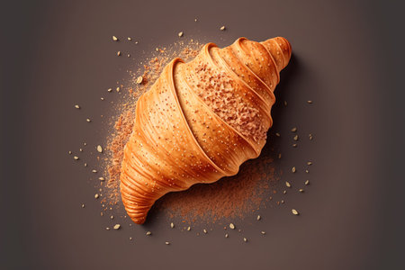 Croissant isolated on a gray backdrop. Bakery design featuring a cooked croissant. a of fresh croissants with grains and salad. grain speckled croissant cookies on a tan backgroundの素材