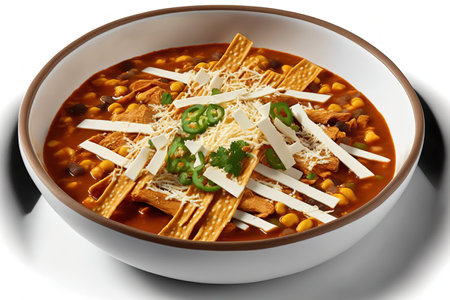 Corn tortilla strips are fried and added to chicken tortilla soup. Mexican soup against a white backdropの素材