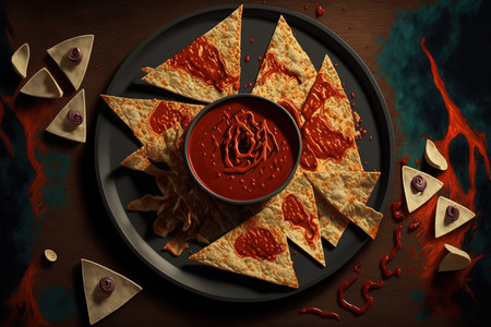 crimson sauce with a kick and crunchy nachos. Popular Mexican snack at the moviesの素材