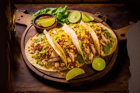 corn based tacos from Mexico. Chicken meat, corn, lettuce, and onion atop a tortillaの素材