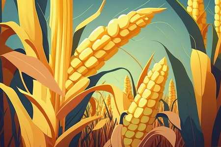 close up yellow ripe corn on stalks for harvest in agricultural cultivated field, fodder industryの素材