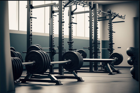 contemporary light gym gym with sports equipment. a rack with various weight barbellsの素材