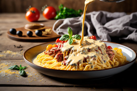 closeup of person drizzling delicious cheese sauce over spaghetti with meat on wooden tableの素材