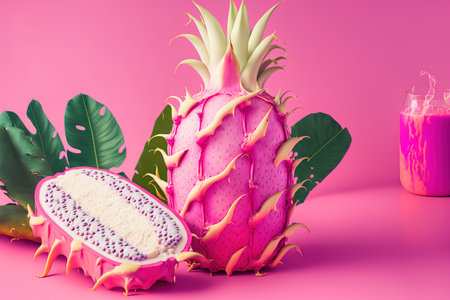 Creative summer meal concept featuring organic fresh dragon fruit against a pink backgroundの素材