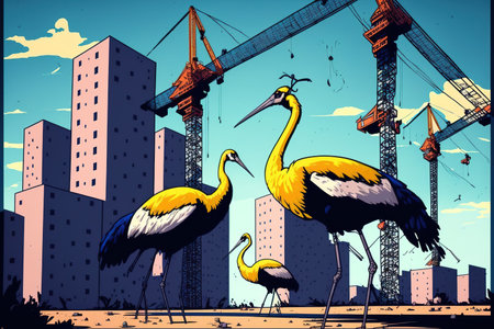 cranes are present at the residential building construction siteの素材