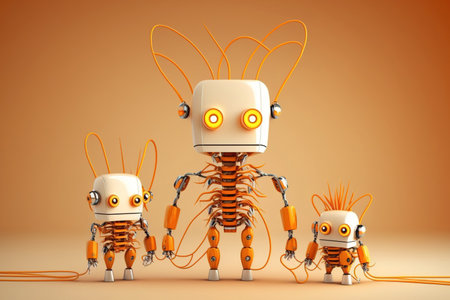 Creative design Robotic family. Big robot electrical wire hairstyle, plug arm. Small kid cyborg with lamp bulb toy. orange wall, white floor background. Copy spaceの素材