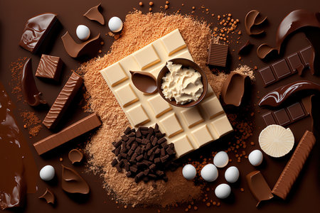 composition of bars and pieces of various milk and dark chocolate, along with grated cocoa, in close up top view on a brown backgroundの素材
