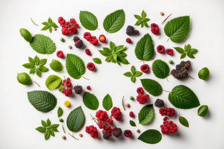 Creative layout of berries and leaves on a white backdrop. Concept of healthy eating and dieting. composition of summertime raspberry fruits. Flat lay, top view, and copy spaceの素材